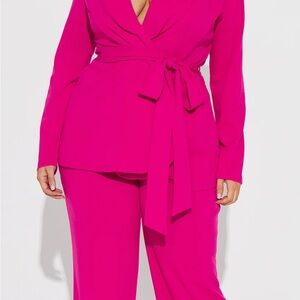 Pink Pantsuit with Wrap-Style Blazer and Wide-Leg Pants